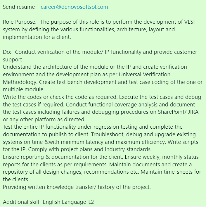 denovosoftsol's tweet photo. #denovojobs #denovo
Vacancy for-VLSI Engineer
Location-Bengaluru
Experience-1-3 YEARS
External ID-1925252
Send resume β career@denovosoftsol.com
#ASICverification #clanguage #oopsconcept #PERL #TCL #developer #softwaredeveloper #vlsiengineer #engineeringjobs #softwaredeveloper https://t.co/xER05AHfLm