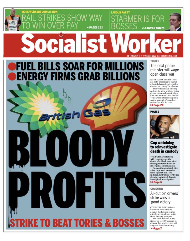 SWP_Britain's tweet photo. The new Socialist Worker is out. 

⛽ Fuel bill soar for millions 
🛢️Energy firms grab billions 
✅Strike to beat Tories and bosses 

https://t.co/ZEpJtXzecs https://t.co/JIUrBLNxuv