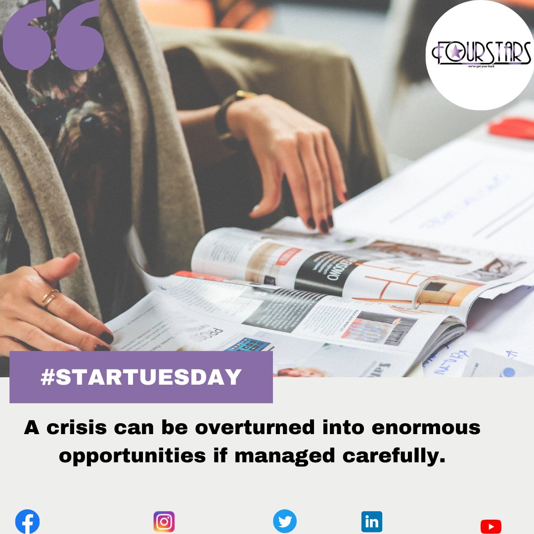 4stars_pr's tweet photo. #StarTuesday
A crisis can be overturned into enormous opportunities if managed carefully.
For your business publicity, email fourstarspr@gmail.com
#4starspr #PR #Africa #agriculture https://t.co/34JRgmBOgt