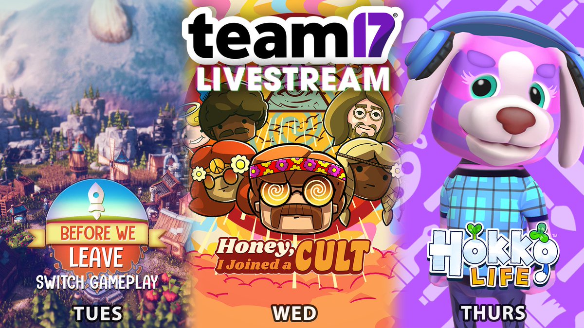 Team17's tweet image. 🚨 STREAM ALERT 🚨 

Check out what we're planning on streaming at 4PM BST this week, starting with cosy city builder game #BeforeWeLeave today! 🌎 👀 

Stay tuned for #HoneyIJoinedaCult and #HokkoLife later in the week! ✨ 

📺 Tune in: twitch.tv/team17
