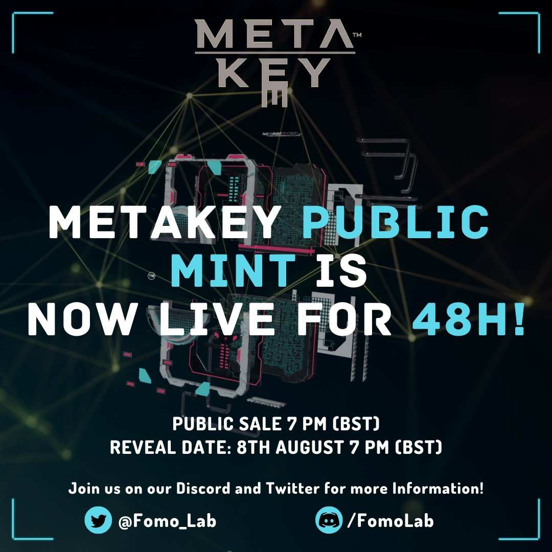 PUBLIC MINT is live✅ Head over to👉theavenue.market to mint your MetaKEYs 🔑 

5 mints per transaction and unlimited transactions 🔂
Supply is capped at just under 3K. Public mint is open for 48hrs and all remaining unminted NFTs will be burnt 🔥