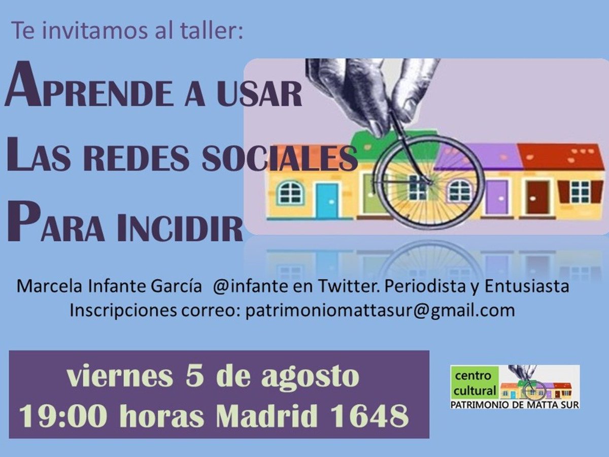 Tenemos actividad este viernes en la <a href="/JjvvPlazabogota/">Junta de vecinos PLAZA BOGOTÁ</a>
Redes sociales, incidencia, acción comunitaria y territorial, hablaremos con <a href="/infante/">Marcela Infante</a> de esto y mucho más. Vea el afiche para que se inscriba #MattaSur