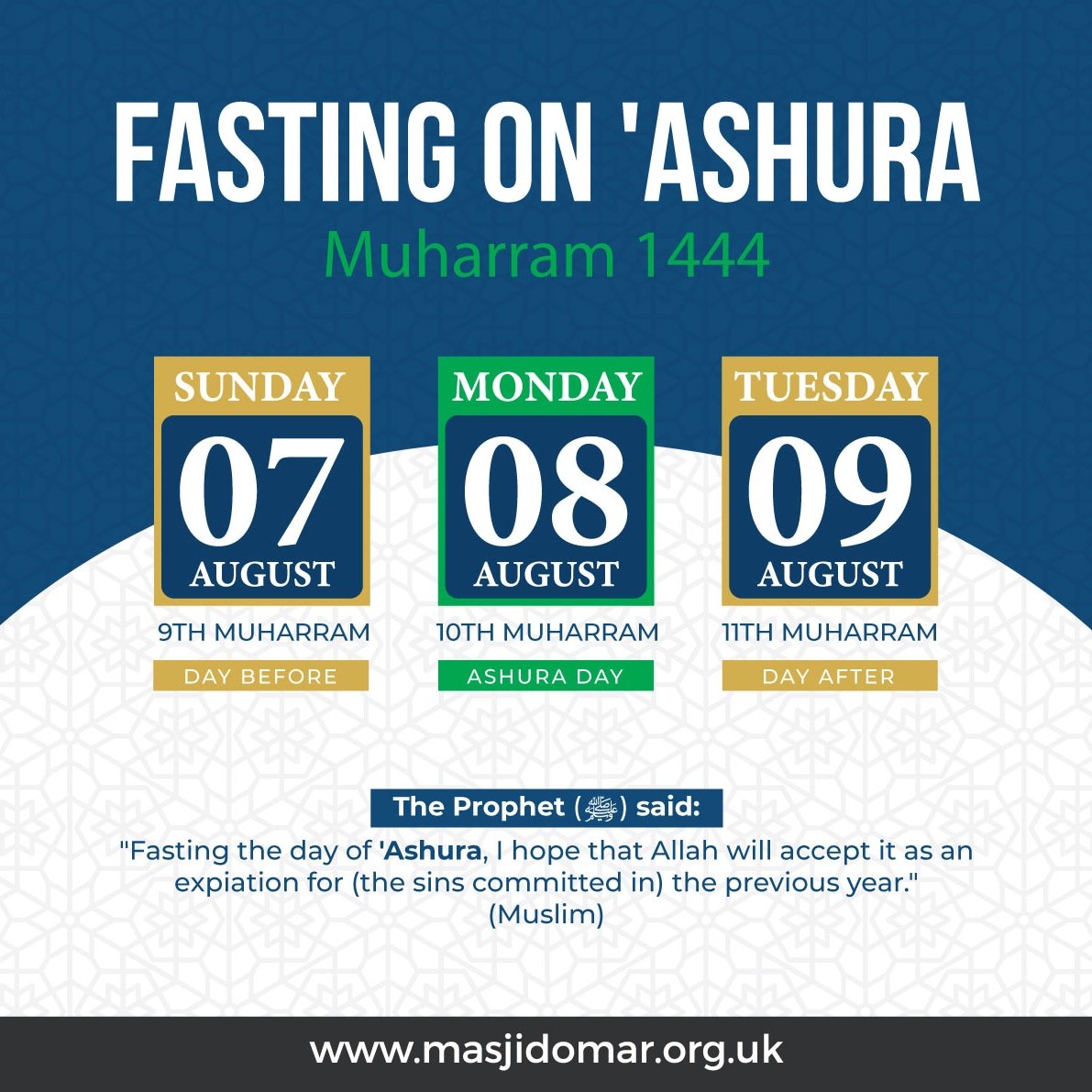 Fasting on 'Ashura, 10th Muharram, 1444.
masjidomar.org.uk #masjidomar #huddersfield #Ashura #muharram1444