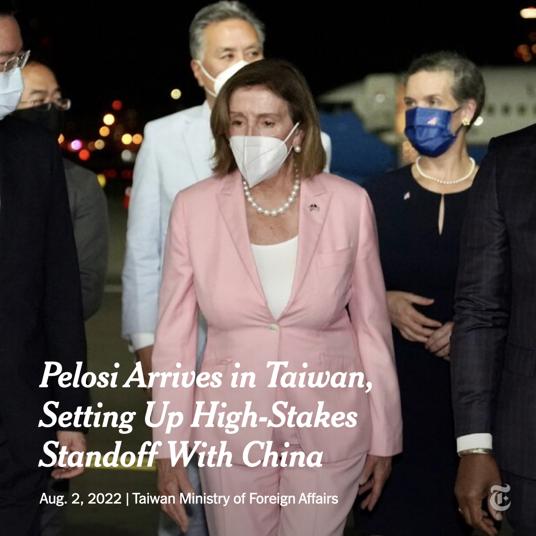 nytimes's tweet photo. Speaker Nancy Pelosi has arrived in Taiwan. It's the highest-level visit to the island by a U.S. official in 25 years and has prompted a sharp response from China.

Here’s what you need to know about why China has so vigorously protested Pelosi’s trip. https://t.co/XcR1EdxGTy https://t.co/2h9By549YD