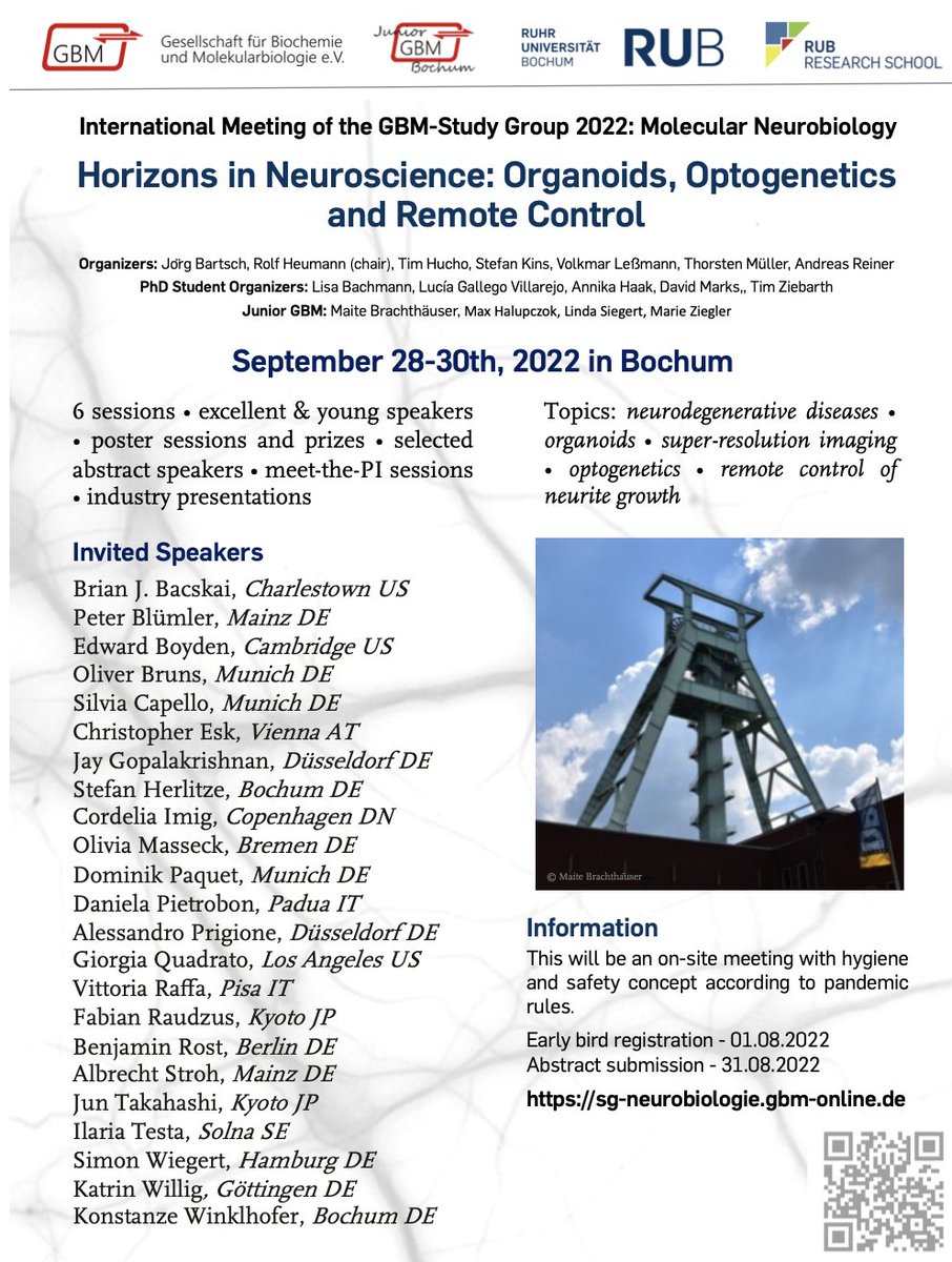 Junior GBM Bochum (@juniorgbmbochum) on Twitter photo This Fall: The GBM Study Group Meeting Molecular Neurobiology in Bochum!
From Sep 28th - 30th, 2022. You can now register and submit abstracts! sg-neurobiologie.gbm-online.de/meeting-of-the…
With support from the <a href="/GBM_eV/">GBM e.V.</a> and RUB <a href="/researchschool/">RUB Research School</a> <a href="/ruhrunibochum/">Ruhr-Universität Bochum</a>
#neuroscience #MolNeuro2022 This Fall: The GBM Study Group Meeting Molecular Neurobiology in Bochum!
From Sep 28th - 30th, 2022. You can now register and submit abstracts! sg-neurobiologie.gbm-online.de/meeting-of-the…
With support from the <a href="/GBM_eV/">GBM e.V.</a> and RUB <a href="/researchschool/">RUB Research School</a> <a href="/ruhrunibochum/">Ruhr-Universität Bochum</a>
#neuroscience #MolNeuro2022