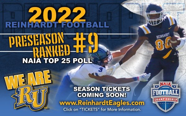 ‼️ <a href="/ReinhardtFB/">Reinhardt Football</a> is ranked 9th in the NAIA preseason poll. Be on the look out for season tickets to come support the Eagles!

#PAYthePRICE #24Teams1RU 🦅