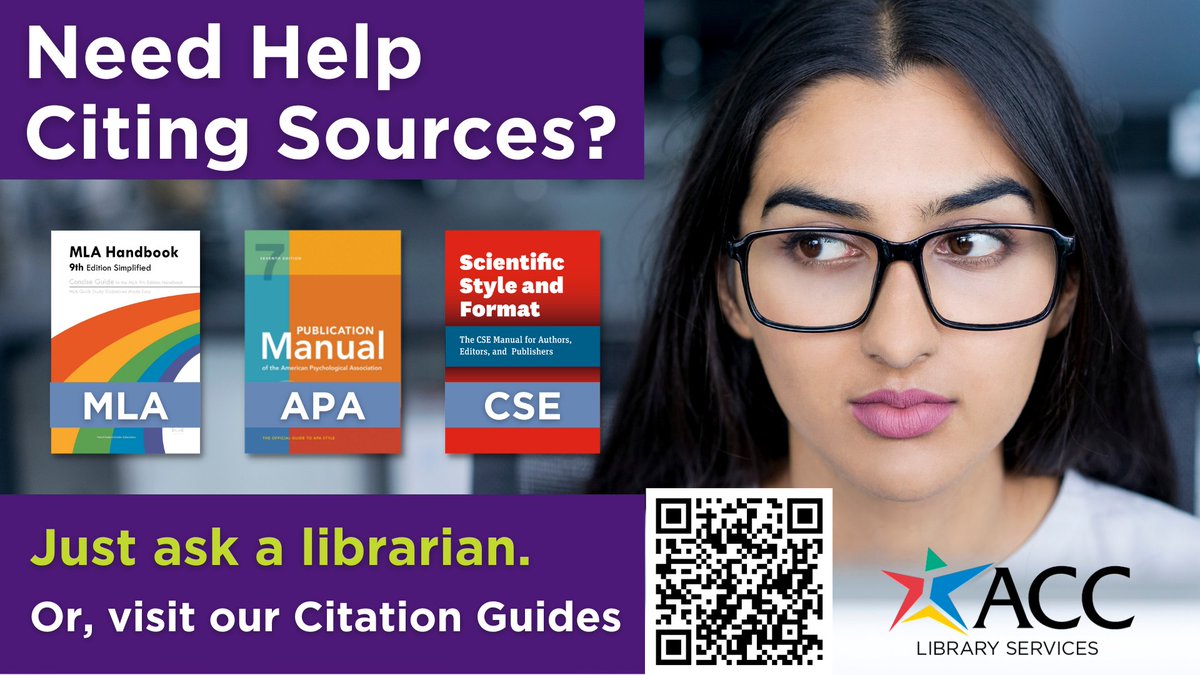 ACCLibraries's tweet photo. Citing sources doesn't have to be painful. We can help you tame your Works Cited page! Visit us in person or online via 24/7 chat. Consult our Citation Guides, made just for you by ACC Librarians. 

https://t.co/Wwq4csD5sR https://t.co/mr6VllMew3