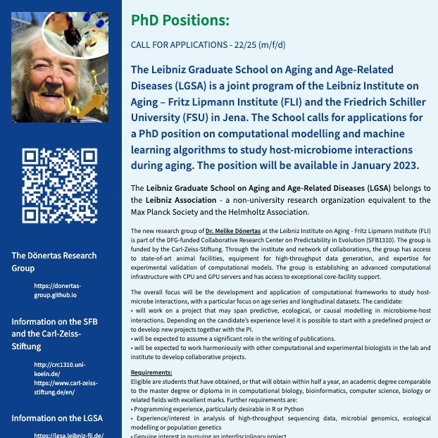 🚨 #PhD position 🚨 (please RT)
I am looking for computational #PhDstudent(s) to join our new group working on #microbiome-host interactions during #ageing. 

📆Deadline: 10.09.2022
❓Qs &gt; please contact via email
📮jobs.leibniz-fli.de/jobposting/a73…

#phdpositions #aging #academicjobs