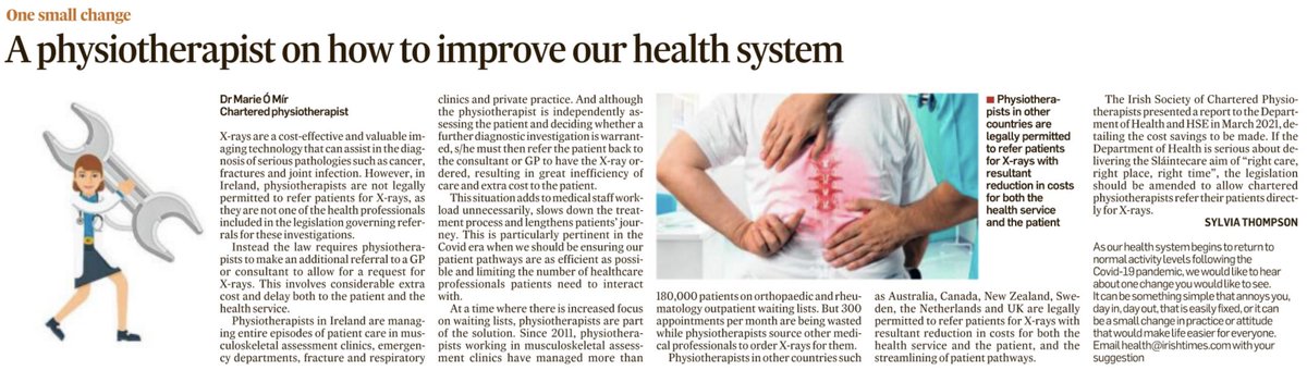 ISCP (@_iscp_) on Twitter photo In Ireland, physiotherapists are not legally permitted to refer patients for X-rays, as they are not one of the health professionals included in the legislation governing referrals for these investigations
<a href="/IrishTimes/">The Irish Times</a> Health & Family (page 11: 02/08/2022) In Ireland, physiotherapists are not legally permitted to refer patients for X-rays, as they are not one of the health professionals included in the legislation governing referrals for these investigations
<a href="/IrishTimes/">The Irish Times</a> Health & Family (page 11: 02/08/2022)