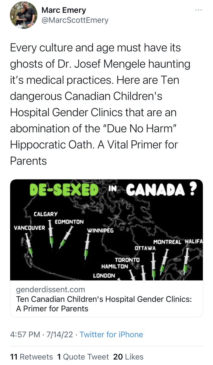 This transphobe compares clinics providing trans healthcare to Josef Mengele, a Nazi war criminal known for unethical human experimentation.
