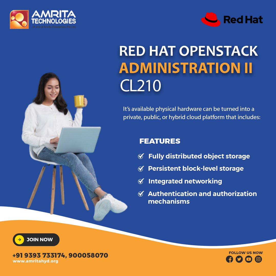 amritahyderabad's tweet image. Develop advanced skills in Red Hat OpenStack Platform day 2 operations and hybrid cloud infrastructure management.
Call: 9393733174 / 9000580570
website: amritahyd.org
#amritatechnologies #RedHatOpenStack #CL210 #RedHatLinuxAutomation #Openstack #RedHatcourseonline