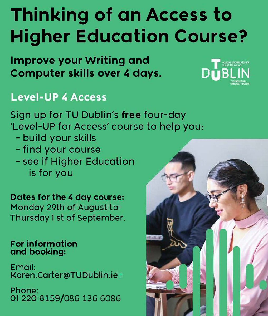 Thinking about an Access to Higher Education Course? Then why not sign-up for TU Dublin's free 4-day 'Level UP for Access', to build your skills and see if Higher Education is for you. For more details &amp; to register: tudublin.ie/connect/commun…  #accesstoeducation #wearetudublin