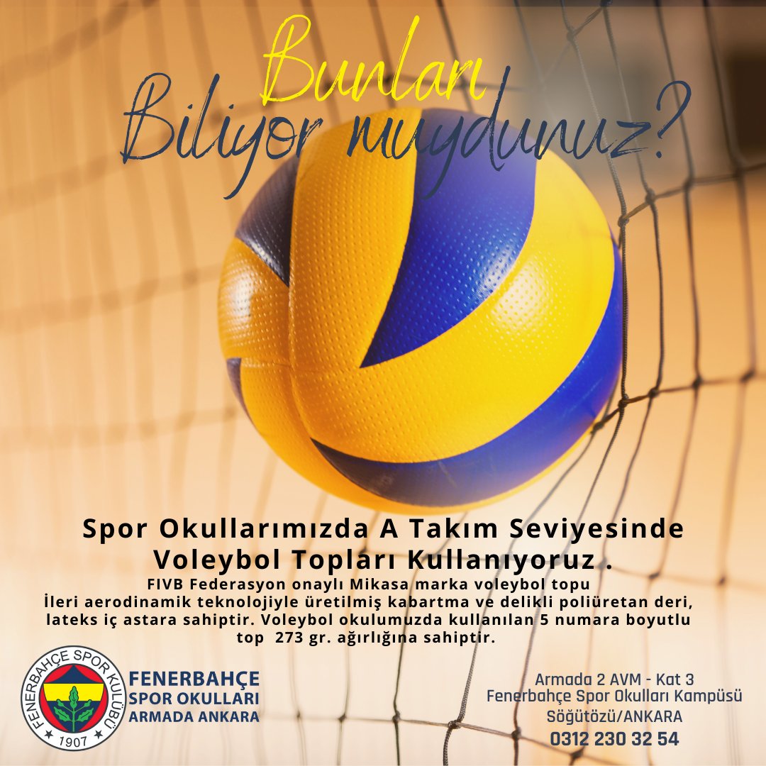 Bunları Biliyor muydunuz?

Spor Okullarımızda A Takım Seviyesinde Voleybol Topları Kullanıyoruz.

#fenerbahçe #fenerbahçesporokulları #fenerbahçesporokullarıarmadaankara #futbol #basket #voleybol #boks #cimnastik #keşfet #instagram #ankara #armadaavm #armadaankara #spor
