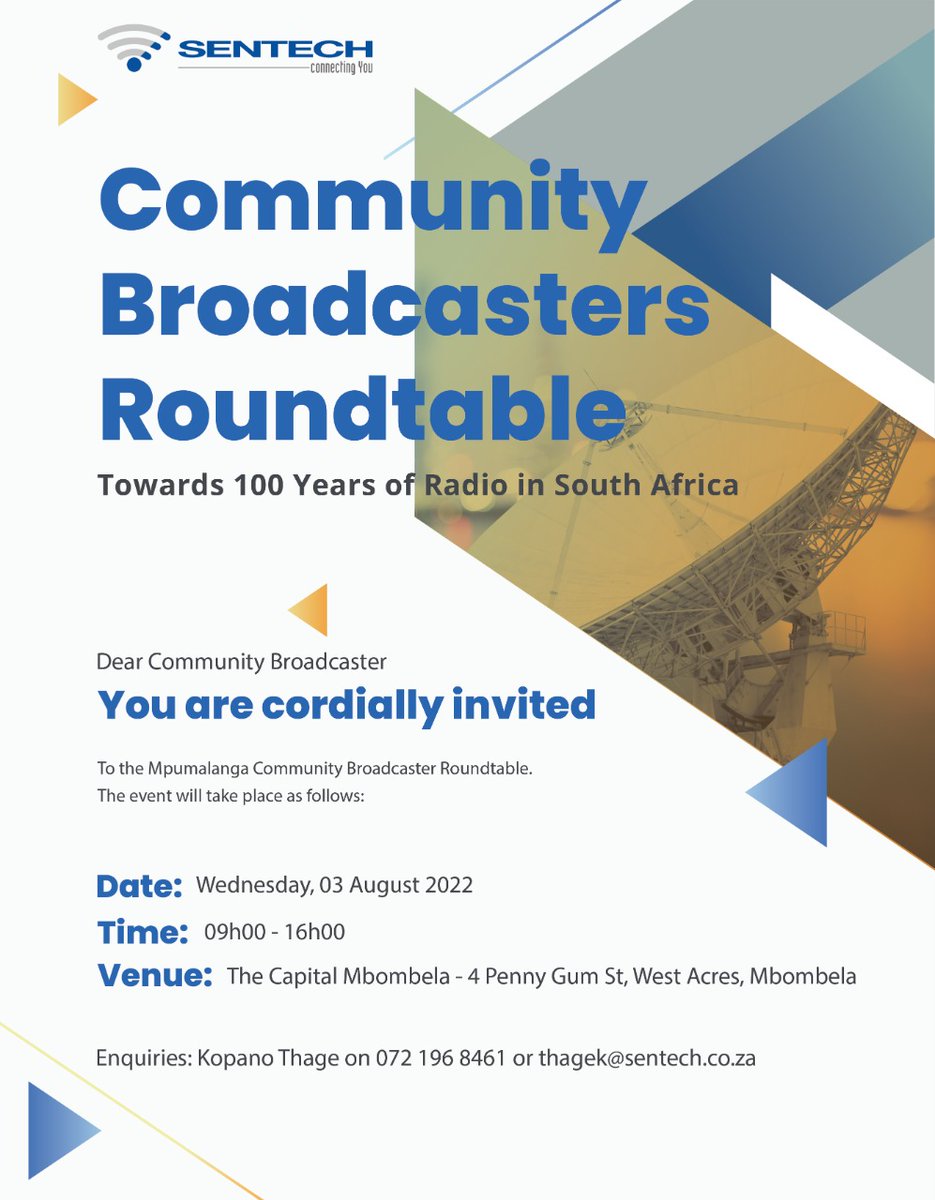 SentechLtd's tweet photo. Community broadcasters in Mpumalanga are encouraged to attend and participate in the SENTECH Community Broadcaster's Roundtable discussions that are set to take place on the 3rd of August 2022.
#CommunityBroadcasters #CommunityRadio #SENTECH https://t.co/pzfzVcQBsr