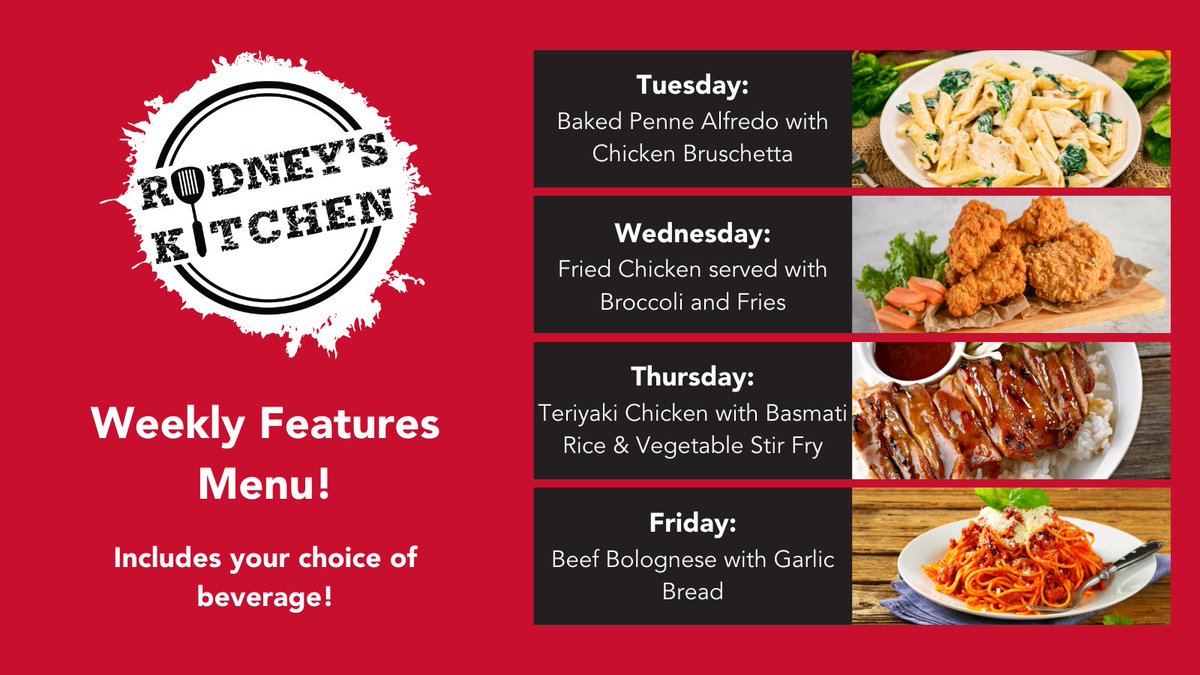 CarletonDining's tweet photo. We hope you had a great long weekend! 🌞 Rodney's Kitchen's is back with some delicious daily features! Swing by today to try our Baked Penne Alfredo 🍝 or enjoy one of our favourite menu options like our handmade burgers 🍔! #rodneyskitchen #foodtruck #dailyfeature https://t.co/3sslQVT8Jg
