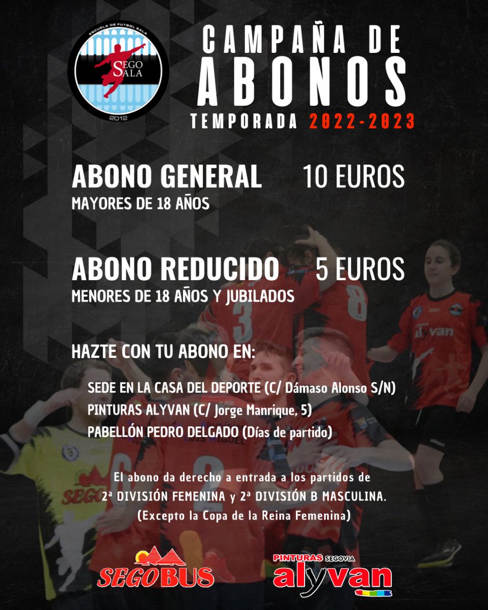 CAMPAÑA ABONOS 22/23

¿¿Aún no tienes el tuyo??

Disponibles en la tienda de nuestro patrocinador <a href="/pinturasalyvan/">Pinturas Alyvan</a> en la Calle Jorge Manrique, 5.

¡Ven a disfrutar del fútbol sala en el Pedro Delgado!

🔴 Abono General - 10€
⚫ Abono Reducido - 5€