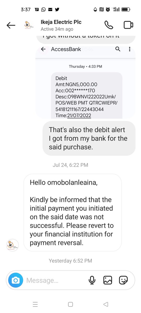 bolaswill's tweet photo. @metronaija @bro_mslarry @IkejaElectric @ieServe @access_more My earlier transaction of N5000 with IE from my bank A/c on same day 21/7/22 still hanging without electricity token.
Attached is bank confirmation &amp; IE's denial. https://t.co/OWt7qMWFEy