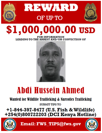 ElephantCrisis's tweet photo. Another suspected high-level wildlife trafficker was arrested yesterday. Abdi Hussein Ahmed had been indicted by US authorities for trafficking of elephant ivory and rhino horns, as well as conspiracy to distribute heroin, and a US$1 million reward offered. https://t.co/jkm3JeonY7