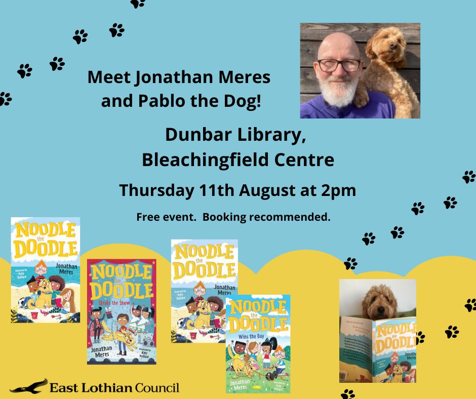eastlothianlibs's tweet photo. Love Noodle the Doodle? Us too! So please do come along to #DunbarLibrary on 11th Aug at 2pm & meet acclaimed author, @JonathanMeres (& Pablo the Dog!) Free event, advance booking is recommended. Please contact Dunbar Library: 01620 827827 or dunbar.library@eastlothian.gov.uk https://t.co/zzSdfCDmkz