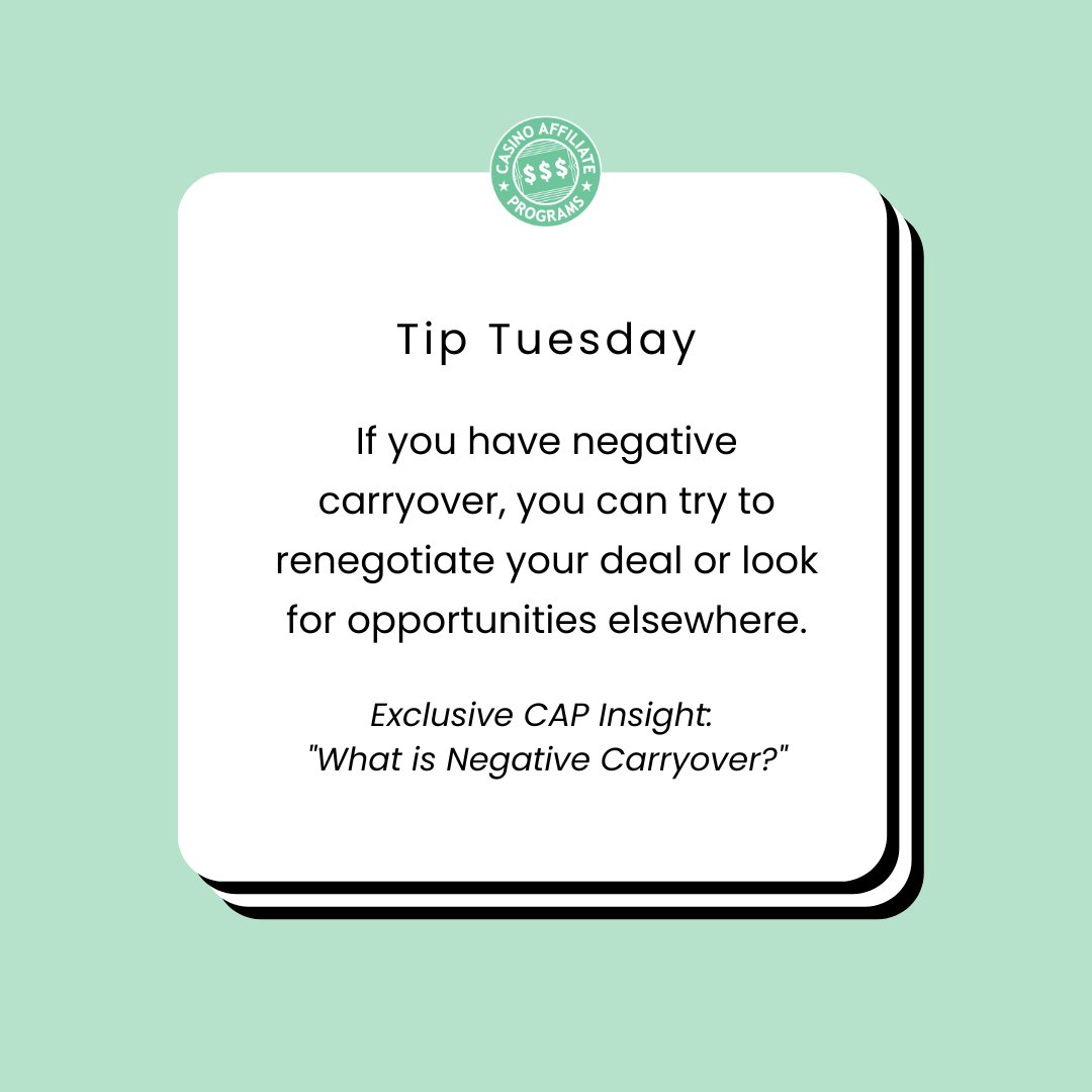 CAPchatter's tweet image. If you find yourself with negative carryover, there are a few things you can do. In today's Tip Tuesday, we give you 2 pointers on how to deal with your negative carryover. 

Find out more about negative carryover here: casinoaffiliateprograms.com/blog/what-is-n…