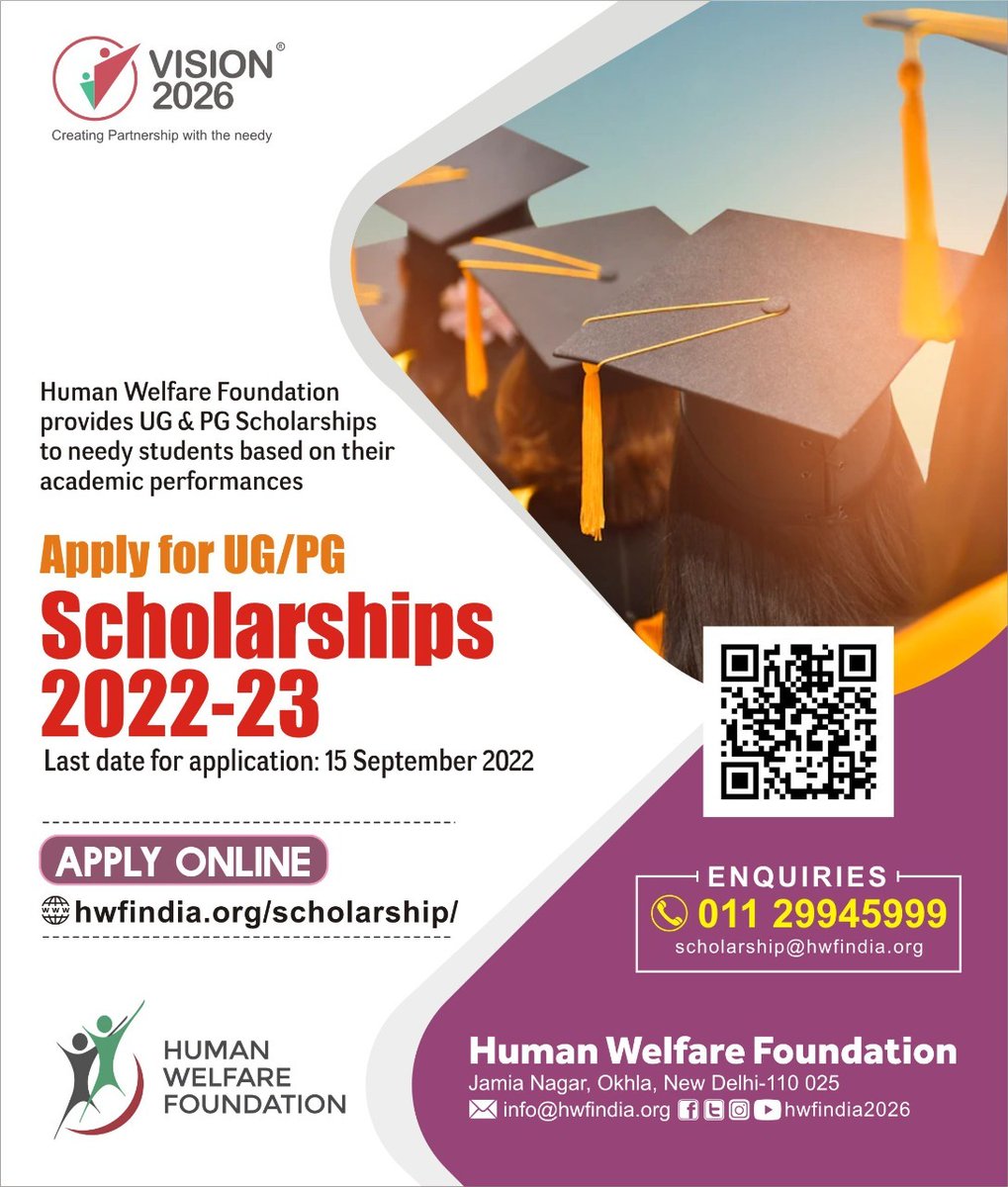 writesalman's tweet photo. Human Welfare Foundation (@Hwfindia2026) provides UG &amp; PG Scholarships to needy students based on their academic performances.
Last date for application: 15 September 2022
Apply Online: https://t.co/FFhKDh5rQh https://t.co/MHmtaAzWFl