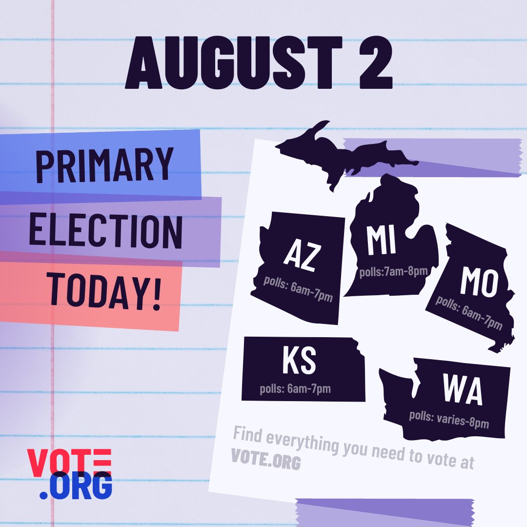 votedotorg's tweet photo. Arizona, Kansas, Missouri, Michigan, and Washington - you have primary elections happening in your state today! 

Head to https://t.co/euP9KWM03v to find everything you need to be #voteready.

#primaries #midtermelection #midterm #GOTV #votedotorg https://t.co/nMYROjrtsY