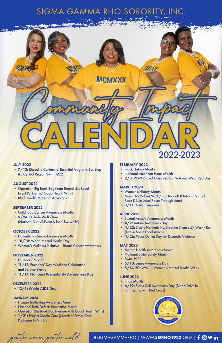 SGRhoCentral's tweet photo. Welcome to the 2022-2023 Sorority Year!  Reminder all program themes are now universal with no changes!  Have a great and productive year.
#SigmaGammaRho #SGRho #SGRho100 #Greater #GreaterWomenGreaterWorld #GWGW https://t.co/qW1myfonmi