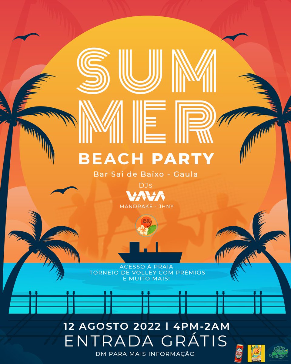 ⛱ SUMMER BEACH PARTY ⛱ 
 📅 12 de Agosto das 16h00 às 02h00
📍Sai de Baixo &amp; Alto Astral, Gaula
🔴 ENTRADA GRÁTIS❗❗(bebidas e comer é pago no bar)
📩 DM PARA INSCRIÇÃO

🔴 A FESTA É PARA TODOS 🔴

Manda DM para mim para te inscreveres na festa.