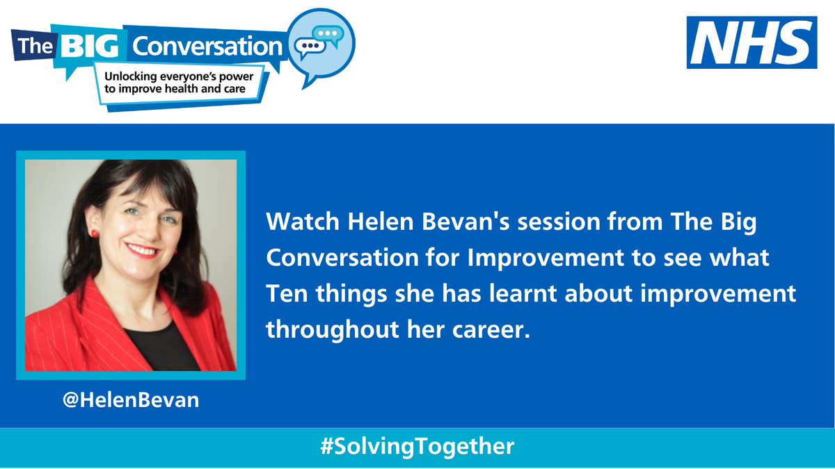 HorizonsNHS's tweet photo. Would you like to find out the 10 things @HelenBevan has learnt about improvement over her career?🤩
You can watch her Big Conversation session here➡️ https://t.co/jpzO5tKSUj
#SolvingTogether https://t.co/wKEff6Cnlf