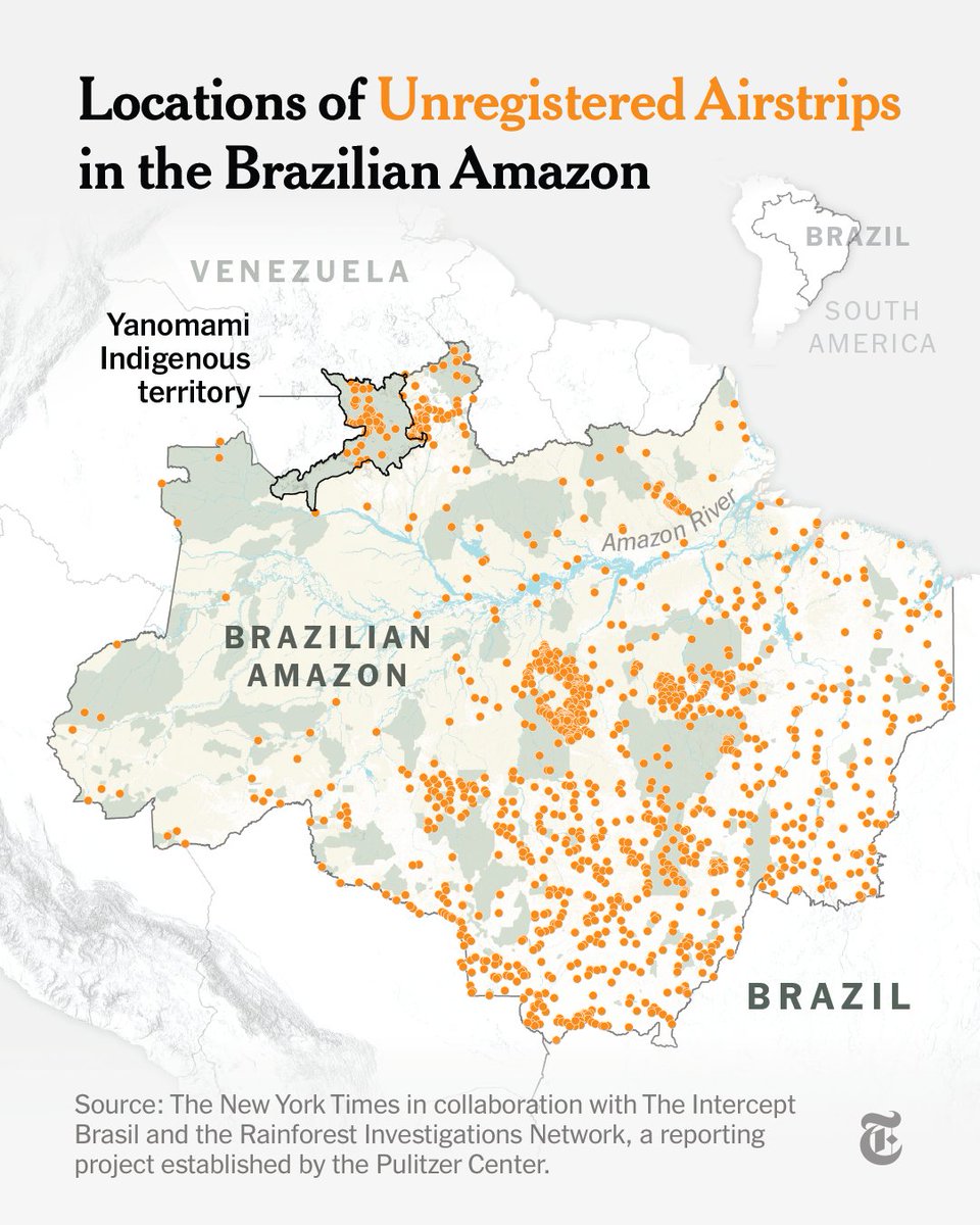 We located more than 1,200 unregistered airstrips across the Brazilian Amazon — many of them part of criminal networks that are destroying Indigenous land and threatening its people. 61 airstrips were found in Yanomami Indigenous territory alone. nyti.ms/3Sfknsx