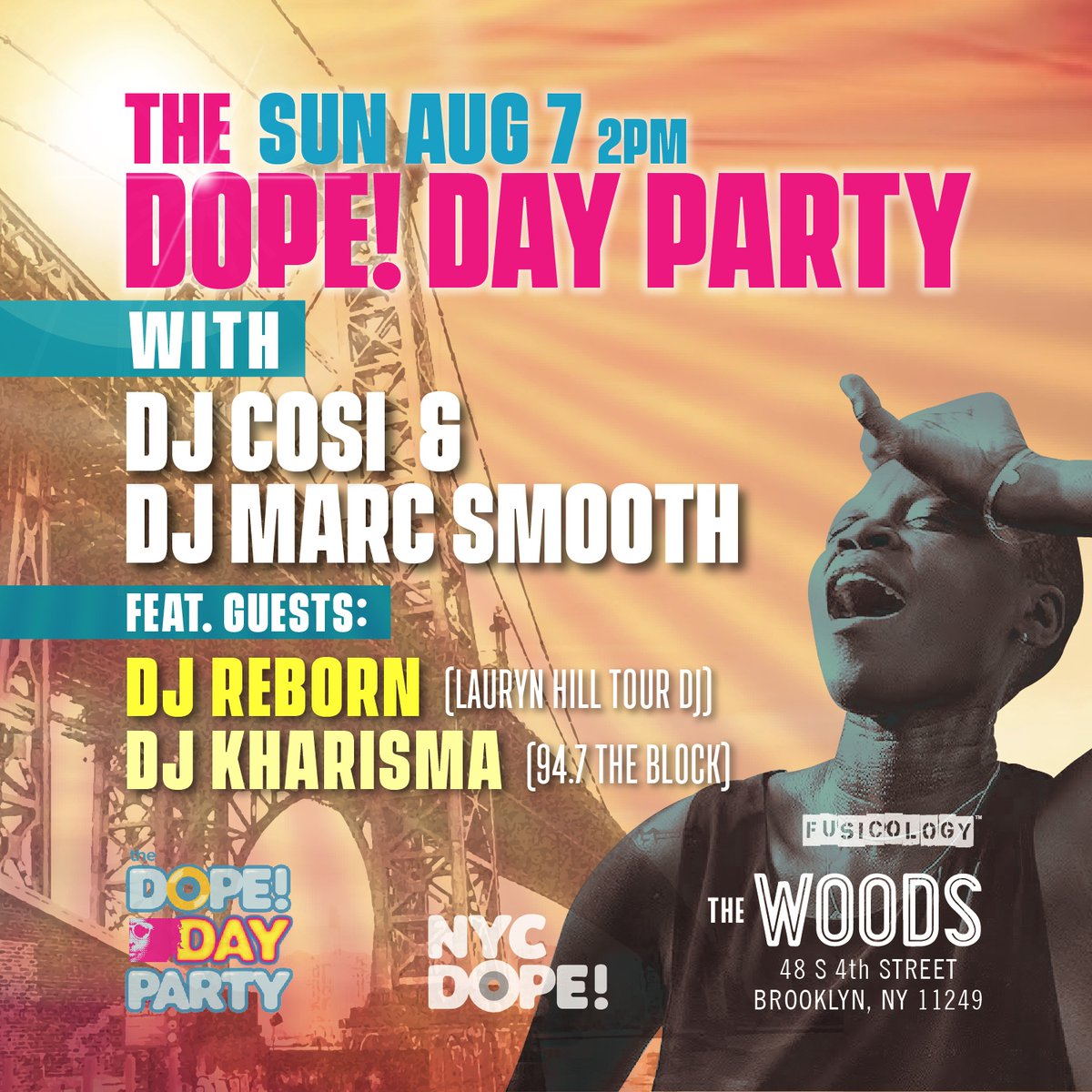 Marc Smooth (@djmarcsmooth) on Twitter photo This Sunday The Dope Day Party is back with Special Guest DJs <a href="/RebornNyc/">DJ Reborn (NYC)</a> <a href="/DJKharisma2/">DJ Kharisma</a> along with <a href="/djcosi/">DJ Cosi</a> and myself. It's going down at <a href="/TheWoodsBK/">The Woods</a> 2PM-11PM. Last month was Amazing! This Sunday will be DOPE! dopeday87.eventbrite.com cop them tix NOW! This Sunday The Dope Day Party is back with Special Guest DJs <a href="/RebornNyc/">DJ Reborn (NYC)</a> <a href="/DJKharisma2/">DJ Kharisma</a> along with <a href="/djcosi/">DJ Cosi</a> and myself. It's going down at <a href="/TheWoodsBK/">The Woods</a> 2PM-11PM. Last month was Amazing! This Sunday will be DOPE! dopeday87.eventbrite.com cop them tix NOW!