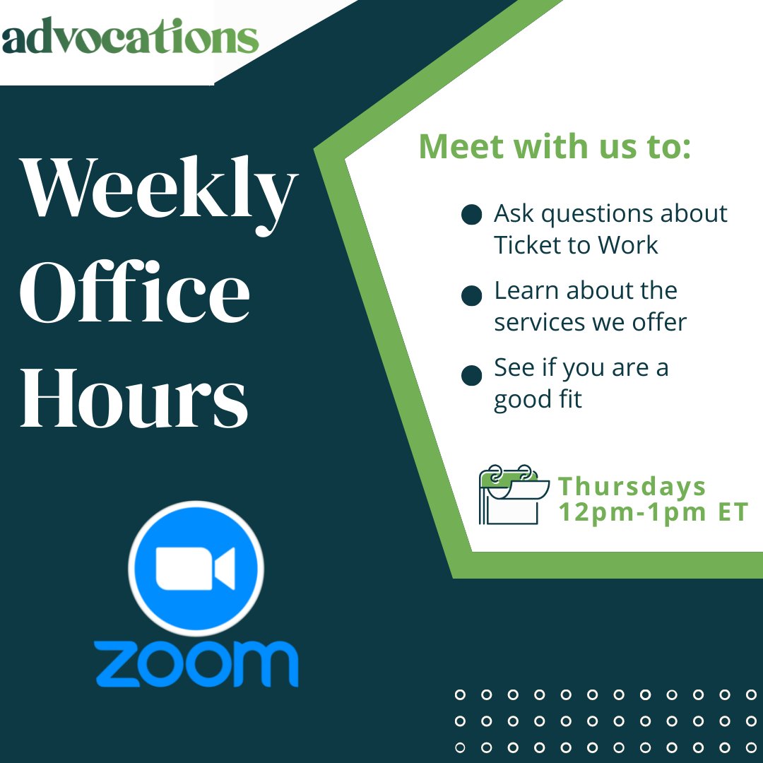 Advocations's tweet photo. We're proud to announce our weekly office hours! Drop in on Thursdays from 12pm - 1pm with any questions you may have and learn how to get started with Advocations &amp; the Ticket to Work Program. Register here: 

https://t.co/JADI3jQEgI https://t.co/jP4xmVUHPL