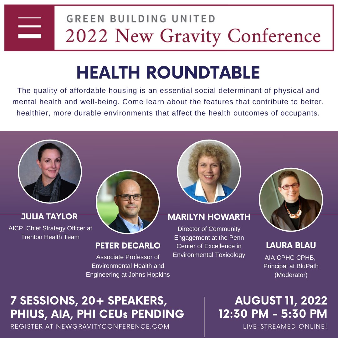 GreenBldgUnited's tweet photo. Join us at the Health Roundtable at this year's New Gravity Housing Conference on August 11th! We'll hear from folks from @TrentonHealth @JohnsHopkins @Penn and @BluPathDesign on how quality affordable housing is an essential for public health. https://t.co/gixnRDF7hd https://t.co/nmyPiJDeL5