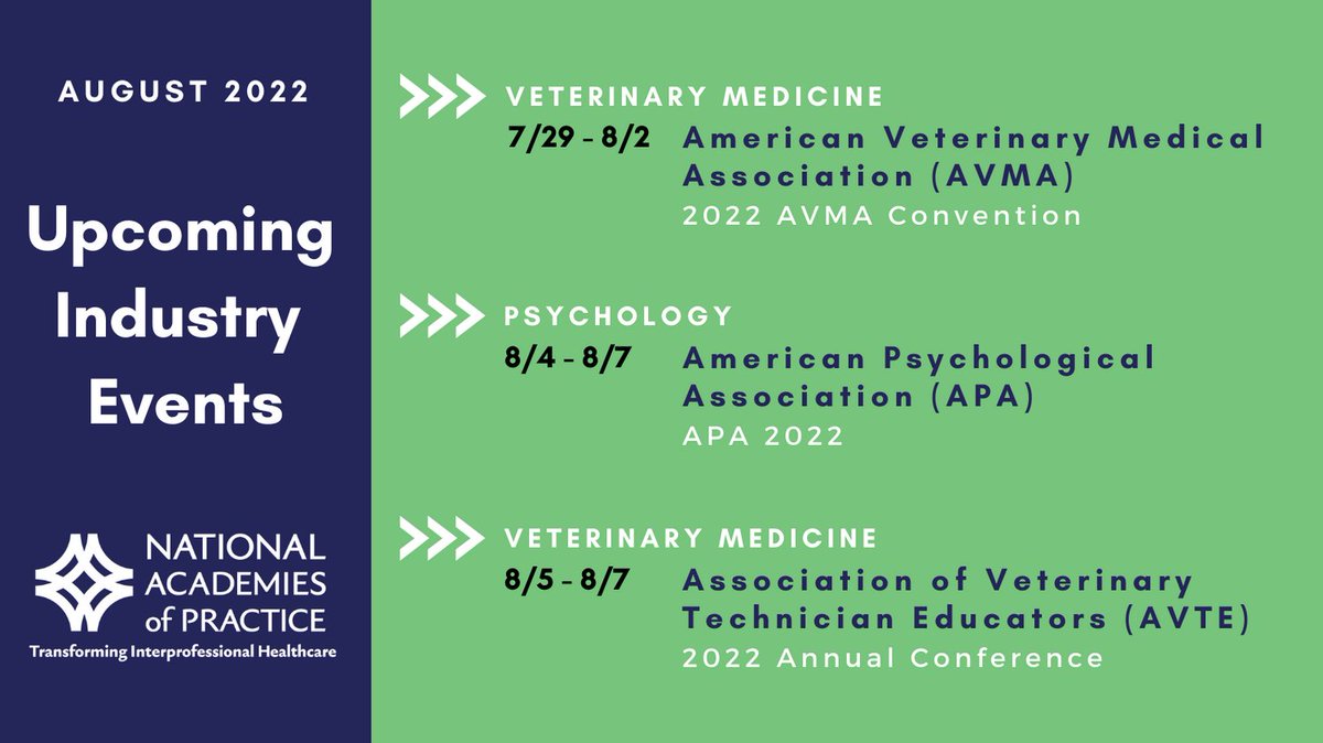 NAPractice's tweet photo. Take a look at all of the industry related events coming up in August! Are you planning to attend any? #avma #apa #avte #nap https://t.co/SRRGPnWX81