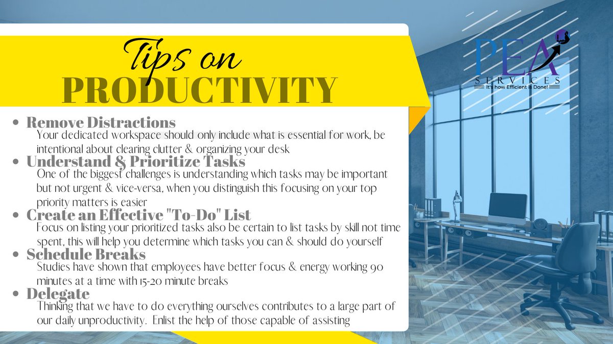 PEAServices's tweet photo. "#Productivity is less about what you do with your time &amp; more about how you run your mind" Robin Sharma, Canadian Writer &amp; one of world's top #leadershipexperts #TuesdayTopTips #organizationalprofessionals #administrativesolutions
 
Follow us @PEAServices https://t.co/xYGNuMQDG8