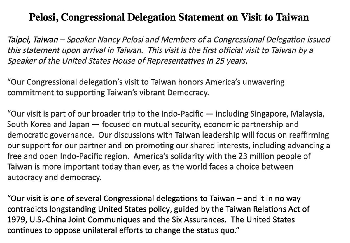 NatashaBertrand's tweet photo. Pelosi delegation statement on Taiwan visit: "Our visit is one of several Congressional delegations to Taiwan – and it in no way contradicts longstanding United States policy, guided by the Taiwan Relations Act of 1979, U.S.-China Joint Communiques and the Six Assurances." https://t.co/g8JMU7BD5I