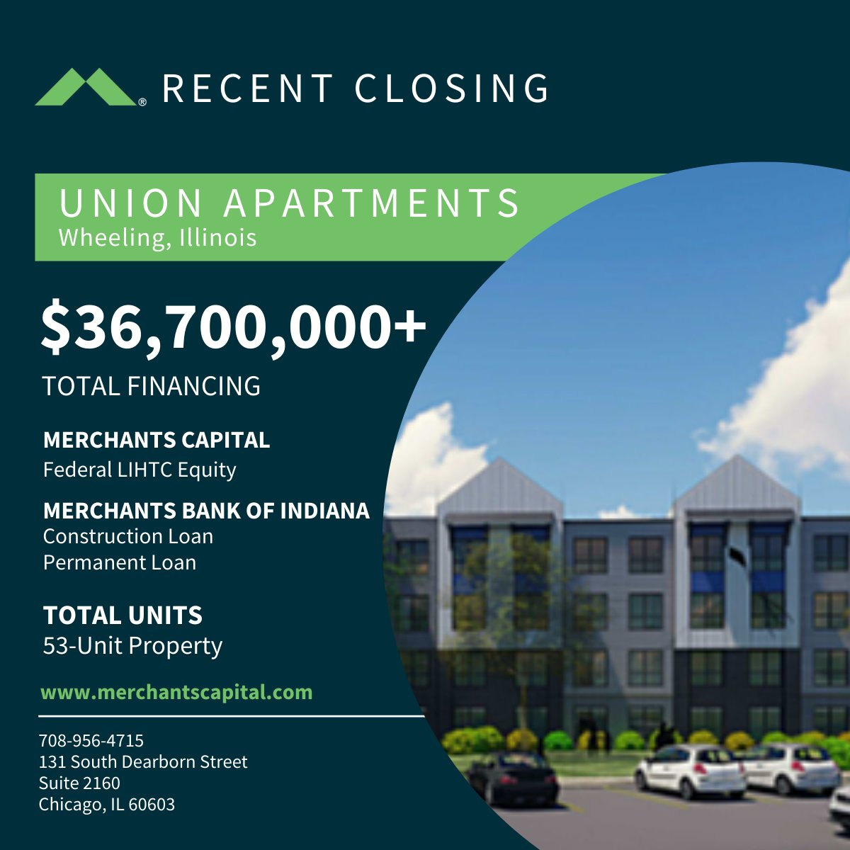 MerchantsCap's tweet photo. RECENT CLOSING by Susan Schnoll, Lee Oller, Julie Sharp, Josh Reed, and Ben Trussell: Union Apartments in Wheeling, IL. Congratulations to our partner, General Capital Group, on the successful closing!
#ILhousing #LIHTC #affordablehousing #IllinoisHousingDevelopmentAuthority https://t.co/9VlmG7zeRz