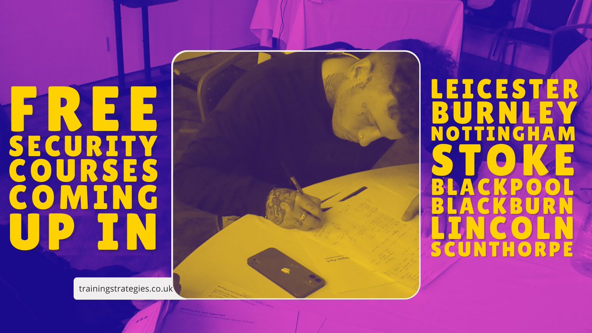 TSL_NW's tweet photo. Our free SIA Security courses coming up this month are in Leicester, Burnley, Nottingham, Stoke, Blackpool, Blackburn, Lincoln and Scunthorpe.

Get in touch on 0151 523 9655 to join! https://t.co/O3pctPS1QQ