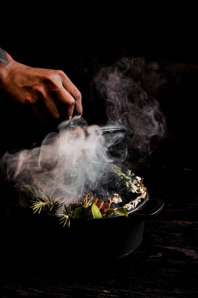 Duck in the jungle. Duck, black cassava, sweet Japanese sauce, dried herb powder and rosemary smoke. ⁠
⁠
The theatrical dish served to your table ‘in the jungle’. Available every day!