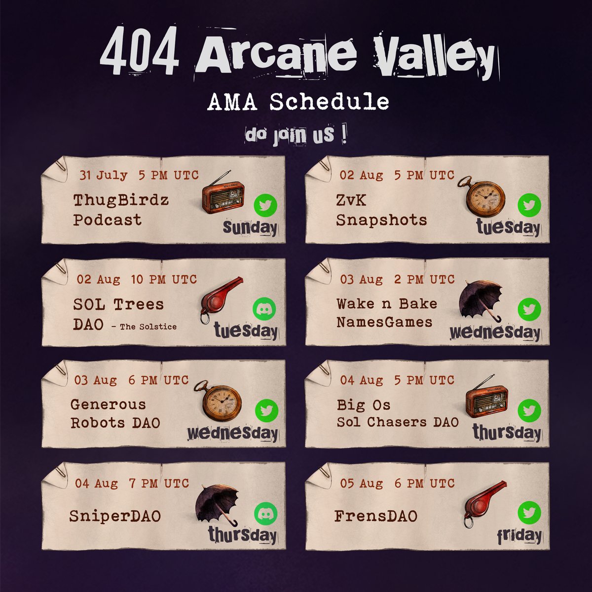 Deadgens | BIP-420 😺 (@deadgensftw) on Twitter photo Heyy Arcanes...
Tweeting the AMA schedule for this week!! We are gonna sit with
@SnapShotsNFT
<a href="/TreeCapitalSOL/">Tree Capital</a>
<a href="/VavKay/">NameGames.eth </a> (NameGames)
<a href="/GenerousRobots/">Generous Robots 🤖 NFT Leveraged Trading</a>
<a href="/BigOsCrypt/">Big◎s</a>
<a href="/SniperDAO/">SniperDAO</a>
<a href="/dao_frens/">Frens🤝DAO</a>
Hope you all join us for these AMAs...they are definitely gonna be exciting!
#SolanaNFT #NFTs Heyy Arcanes...
Tweeting the AMA schedule for this week!! We are gonna sit with
@SnapShotsNFT
<a href="/TreeCapitalSOL/">Tree Capital</a>
<a href="/VavKay/">NameGames.eth </a> (NameGames)
<a href="/GenerousRobots/">Generous Robots 🤖 NFT Leveraged Trading</a>
<a href="/BigOsCrypt/">Big◎s</a>
<a href="/SniperDAO/">SniperDAO</a>
<a href="/dao_frens/">Frens🤝DAO</a>
Hope you all join us for these AMAs...they are definitely gonna be exciting!
#SolanaNFT #NFTs