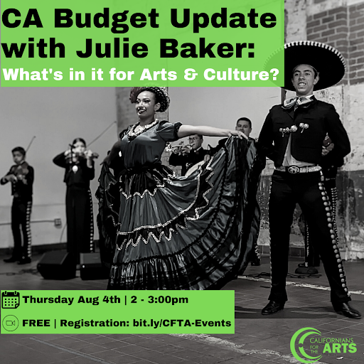 Join <a href="/CAfortheArts/">CA for the Arts</a> on Thursday, August 4 from 2pm-3pm to review what is in the California Budget: $30M for CA Cultural Districts Program, $25M for cultural and art installations in Parks Program, and $120M in local arts and culture investments.

Register: bit.ly/CFTA-Events
