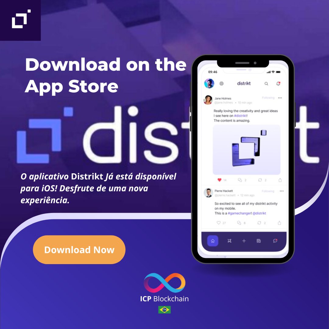 Icp_Blockchain's tweet photo. O aplicativo Distrikt Já está disponível para iOS! Desfrute de uma nova experiência.
.
.
.
#web3 #web3d #icp #web3crypto #web3brasil #inspiraçãodigital #criptomoedasbrasil🇧🇷 #noticiascripto #dfinity #blockchainbrasil #supernovahackathon https://t.co/TopvSs1GRk