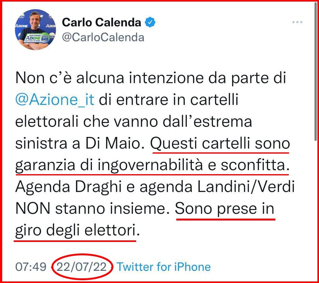 Ecco cosa diceva Calenda 10 giorni fa.  Quindi adesso sta prendendo in giro gli elettori, lo spiega lui stesso