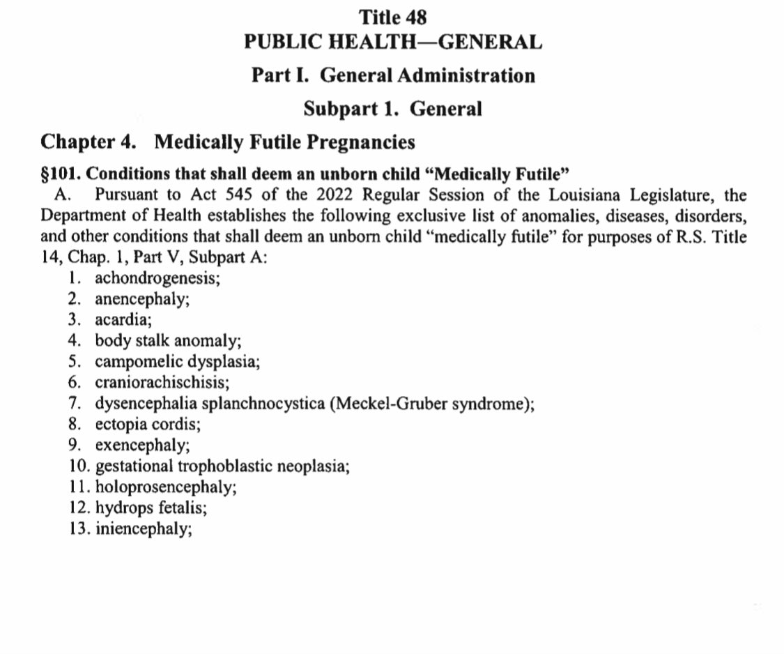 AGLizMurrill's tweet photo. As required by the state's trigger ban, the @LADeptHealth has published a list of conditions that "deem an unborn child 'medically futile,'" we look forward to continuing to work with LDH and the LA Medical Board to ensure that women and the unborn are protected. #lagov #lalege https://t.co/nZYcrdGHqS