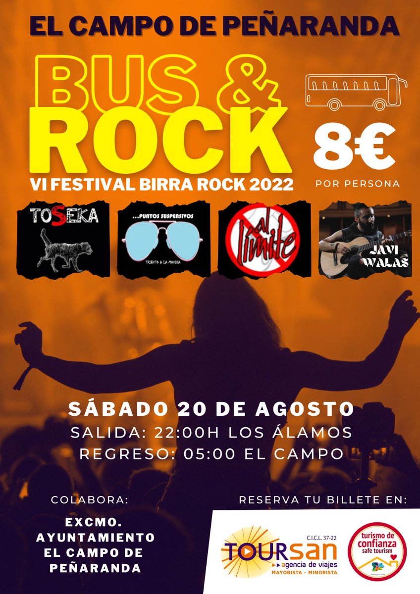 🎭 VERANO CULTURAL 2022 

Este año a El Campo... Vuelve el BIRRA🍻, vuelve el ROCK🎸

El próximo sábado, 20 d agosto, a partir de las 22:30h, empezarán más de 5h de música en directo a manos de los grupos <a href="/Toseka_/">TOSEKA</a>, Puntos Suspensivos, Al Límite y Javi Wallas como artista invitado