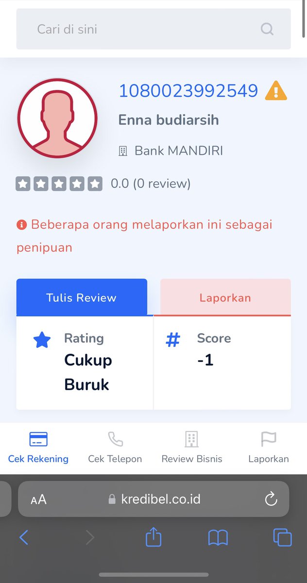 PremadiBima's tweet photo. Awas penipu BO. Buat yg cari BO an hindari nama ini Enna Budiarsih Rek Mandiri 1080023992549. Penipu. Sudah banyak korban. Nama aslinya Rizal Rahman, kadang pake rek an Annisya Putri. Hindari dan laporkan. Kalo bisa cari yg cash aja di room.

#penipu #penipuBO #BOpenipu #BO https://t.co/oaSBWajF8n