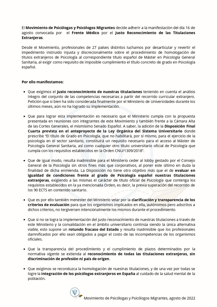 Psic_Migrantes's tweet photo. El Movimiento de Psicólogas y Psicólogos Migrantes adhiere a la manifestación convocada por @MDhomologantes para el día 16 de agosto en Madrid frente a @UniversidadGob.
Allí estaremos junto al resto del colectivo de Profesionales Migrantes exigiendo por la Justa Homologación. https://t.co/CRTCACOLel