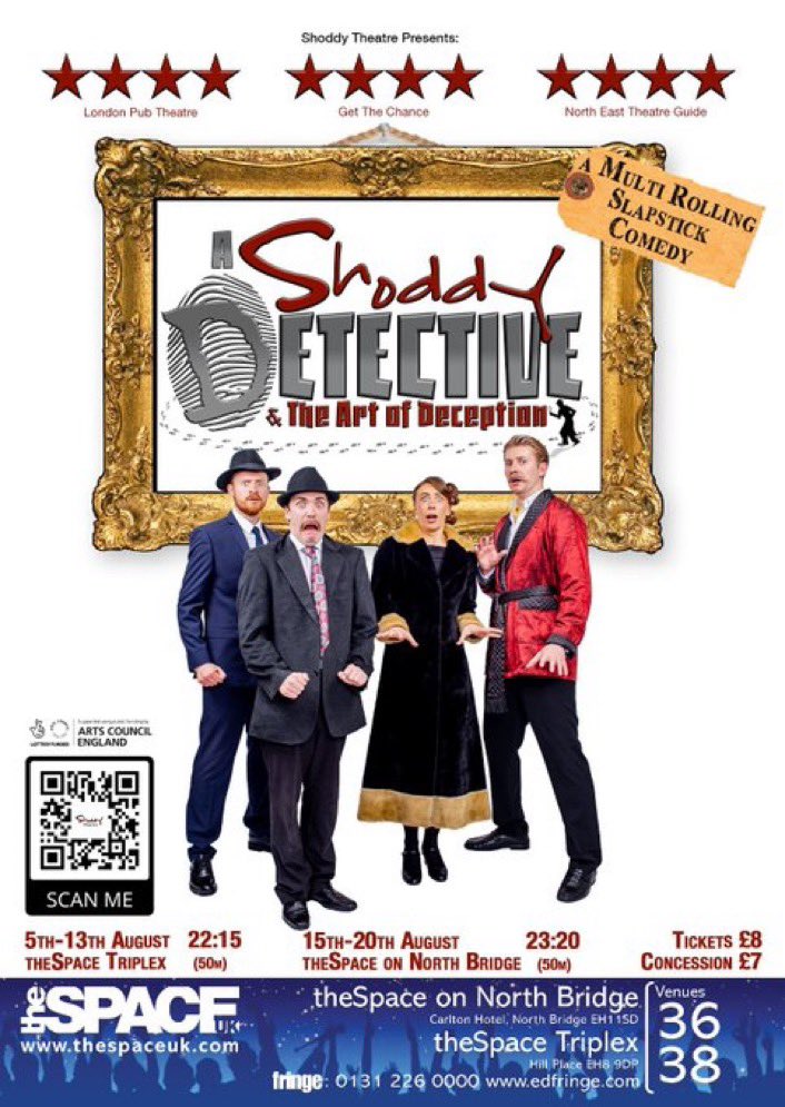 Shoddy Theatre have their ⭐️⭐️⭐️⭐️ multi-rolling, slapstick farce, inspired by the old classics of comedy showing at TheSpace 5th-20th “A Shoddy Detective &amp; The Art of Deception” if you love Dad’s Army, Carry On’s, Airplane &amp; Tommy Cooper then you don’t want to miss this.