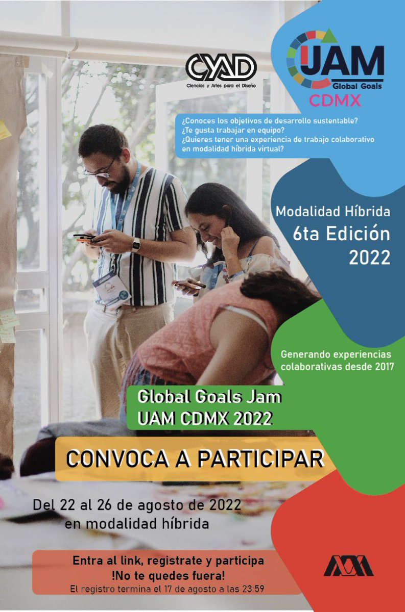 GlobalGoalsCDMX's tweet photo. ¡Listo, ya puedes registrarte en la convocatoria para la sexta edición del Global Goals Jam CDMX 2022! 

Regístrate en el siguiente link: 

https://t.co/zCDP81M4EK

#globalgoalsjamcdmx #GlobalGoals #Design2030Now #diseñolatinoamericano #Design2030Now #Agenda2030 https://t.co/wM6AdZ1UXY