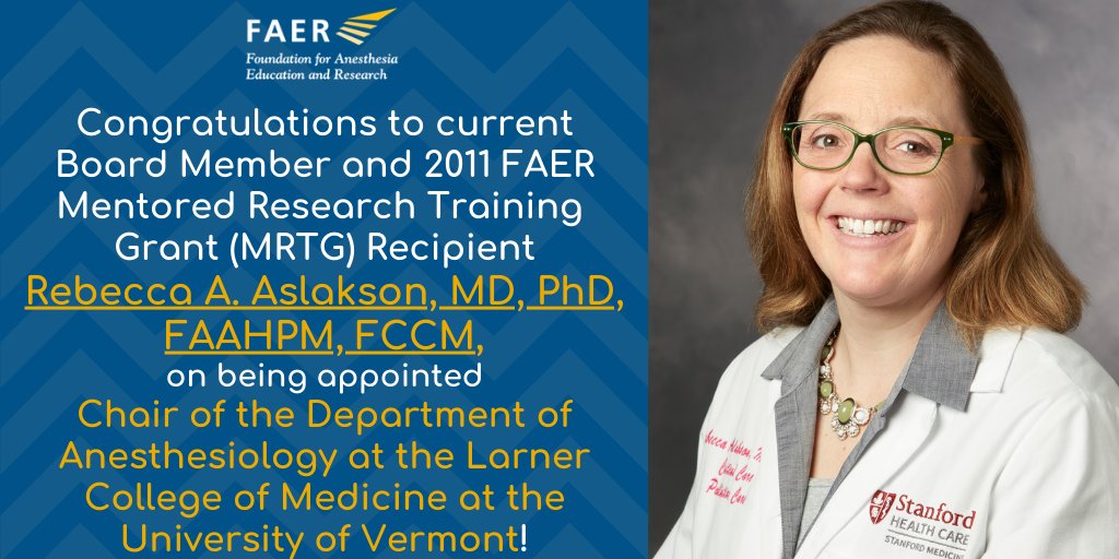 Huge congrats to FAER Board Member & 2011 #FAERgrantee Dr. Rebecca Aslakson on her appointment as Chair of #Anesthesiology at @UVMLarnerMed! Read more @ the link & join us in congratulating Dr. Aslakson on this achievement: med.uvm.edu/com/news/2022/… #Research #TheFutureIsFAER